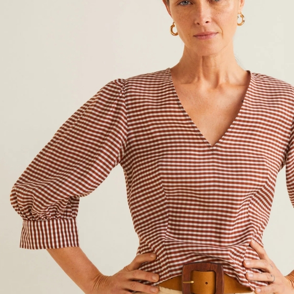 NWT Mango Gingham Puff Sleeve Blouse - Picture 5 of 16